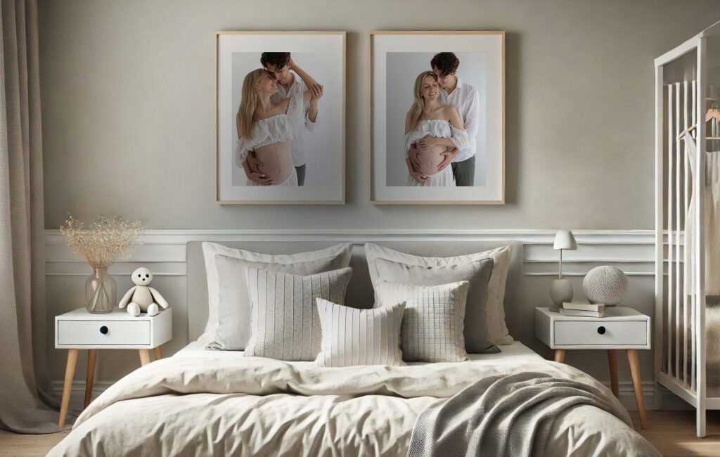 Elegant bedroom showcasing framed maternity portraits as timeless wall art - London Maternity Photographer