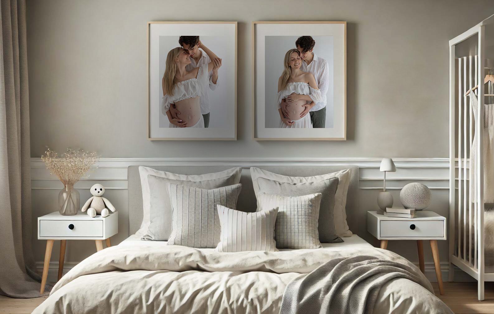 Elegant bedroom showcasing framed maternity portraits as timeless wall art - London Maternity Photographer
