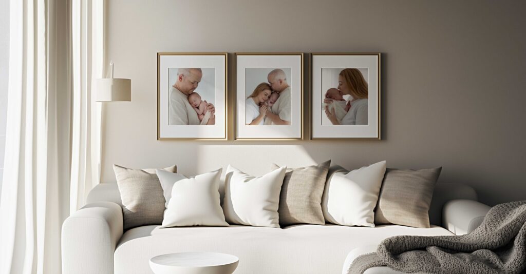 beautiful neutral living room with 3 framed portraits taken during a newborn session in London