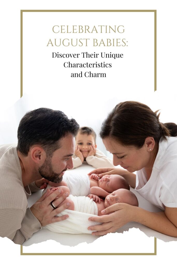 Family bonding with newborn twins during a studio photoshoot — celebrating August babies and their special charm.