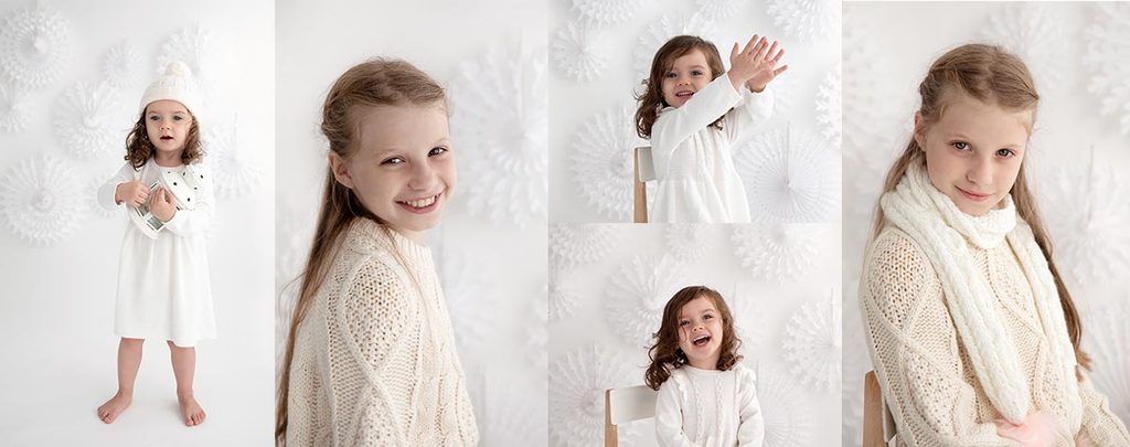 Collage of two smiling girls in winter outfits posing against a white textured background, wearing light knits and neutral tones.