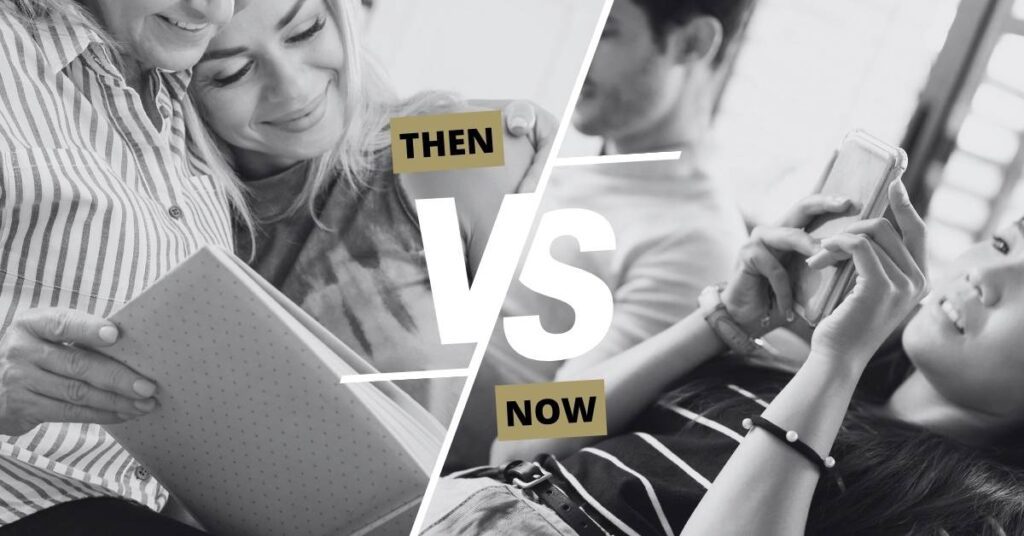 Then vs Now comparison showing printed photo albums vs digital scrolling