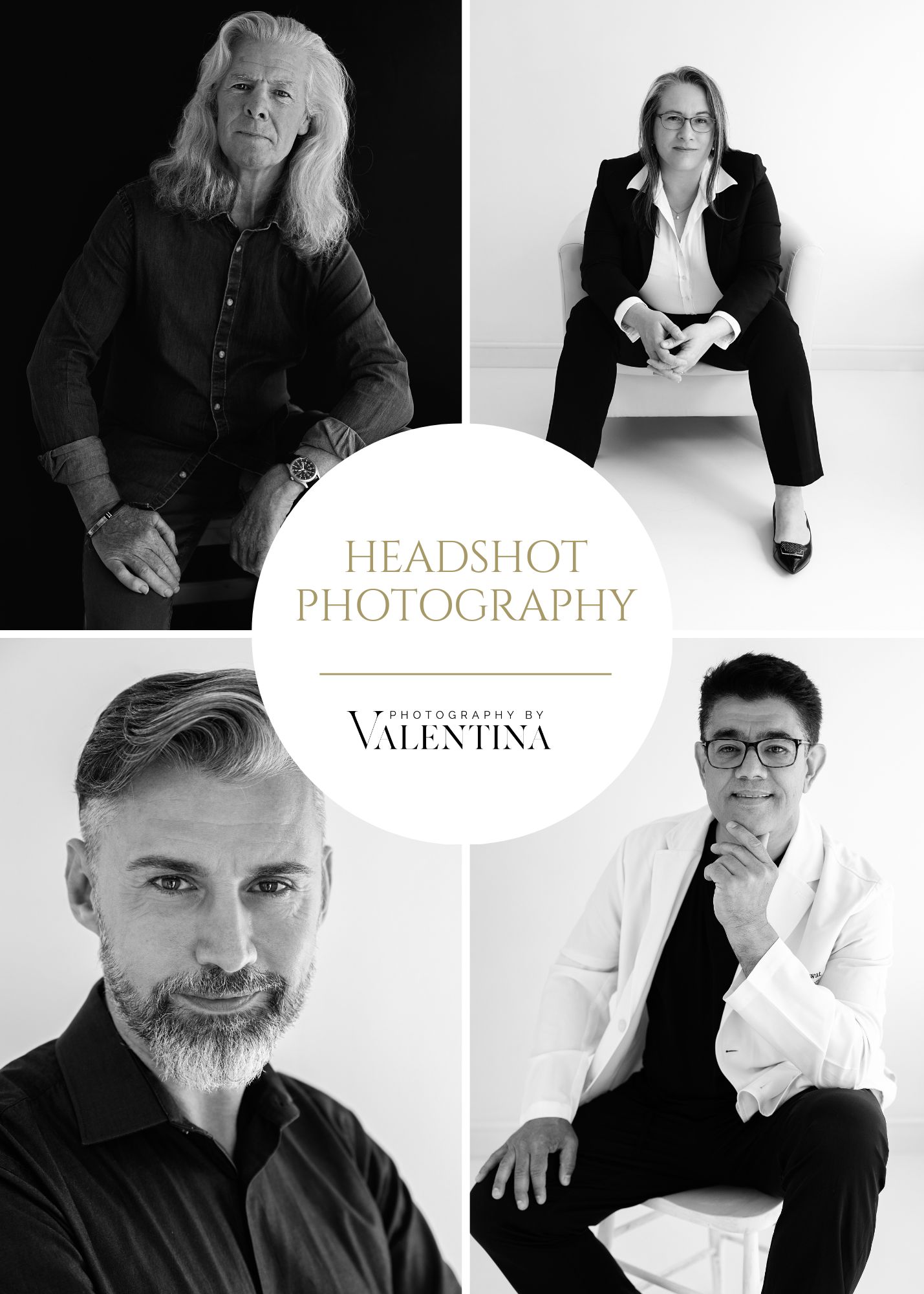 Professional black-and-white headshot portraits of four individuals, photographed by Valentina in a studio setting.