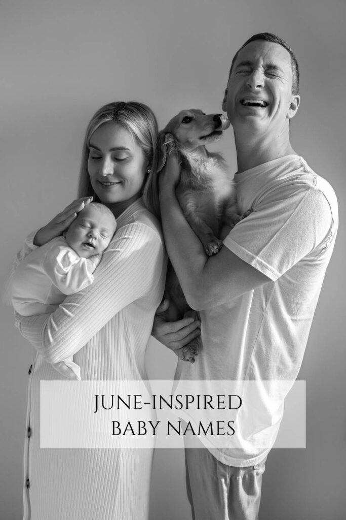 June inspired baby names: family with newborn and dog.