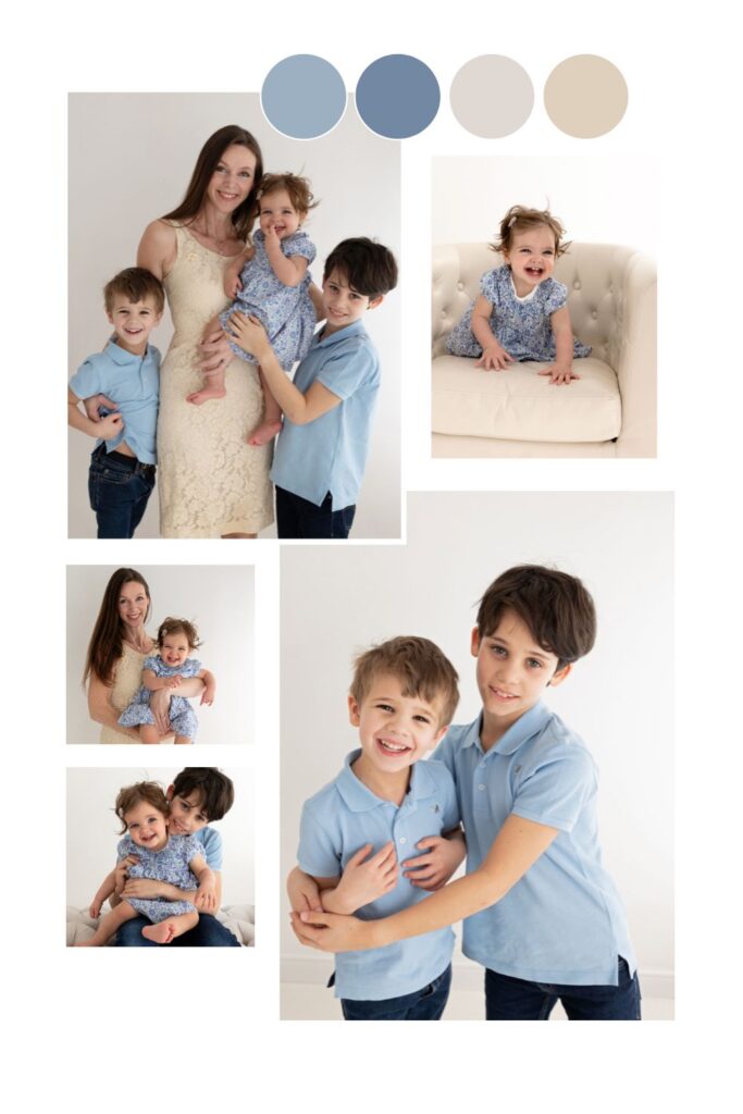 Collage of family photos: baby and sibling photos taken in natural light with soft, timeless styling by London photographer Valentina.