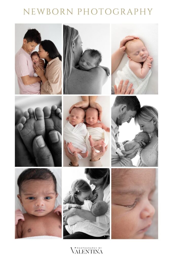 Collage of 9 photos taken during newborn sessions with Valentina, London newborn photographer
