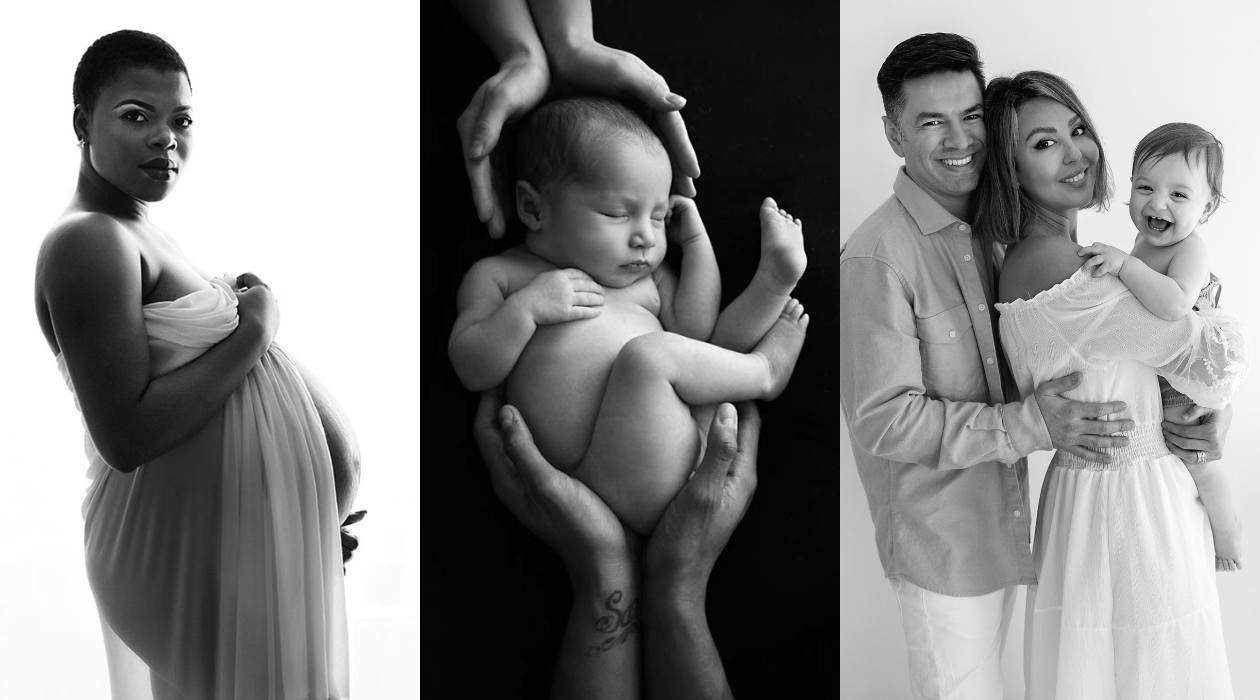 Collage of black-and-white maternity, newborn, and family portraits captured by a Maternity and Newborn Photographer in London, highlighting timeless photography and authentic emotional connection.
