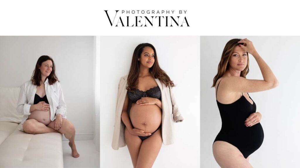 Best lingerie to wear for maternity photos - three styles showing different maternity photoshoot looks