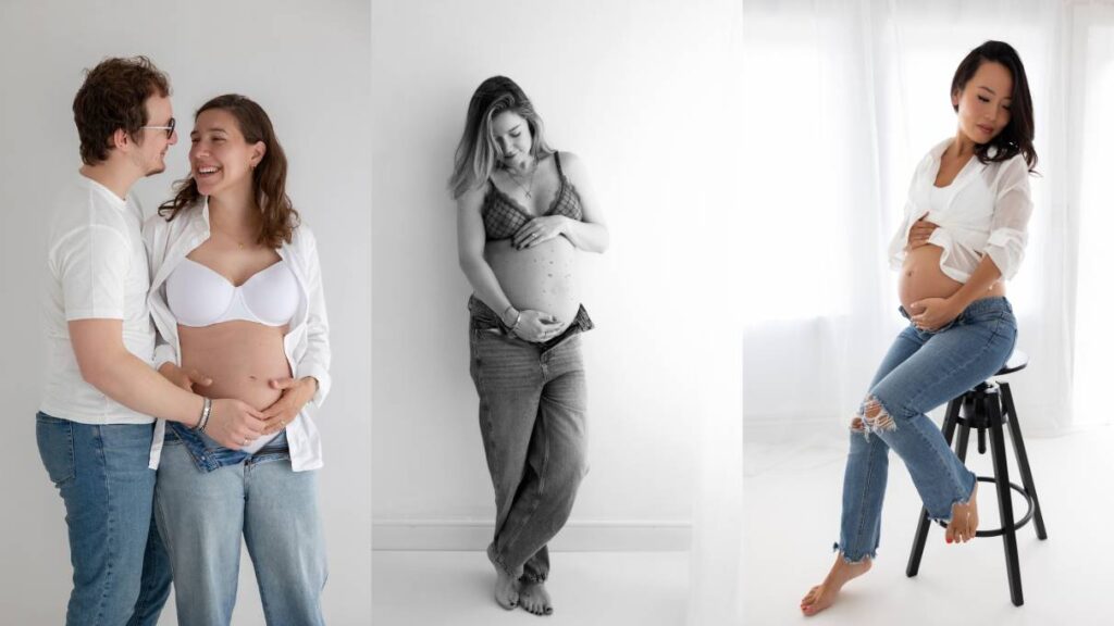 Casual jeans outfit for maternity photos shown in three different shoots 
