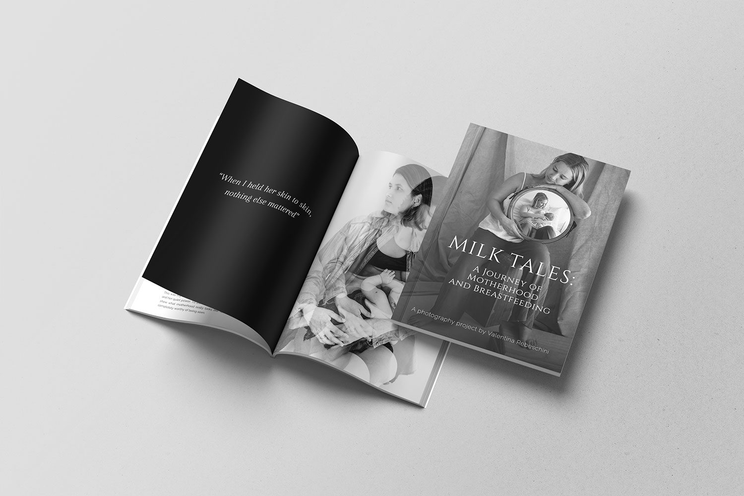 Mockup of Milk Tales breastfeeding photography book by Valentina Rebeschini, open to a story and portrait of a mother nursing her baby.