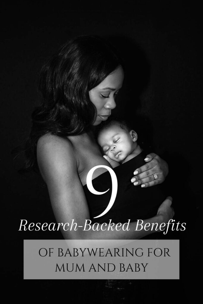 Black and white photograph of mother holding sleeping newborn baby in sling demonstrating babywearing benefits - 9 research-backed benefits of babywearing for mum and baby