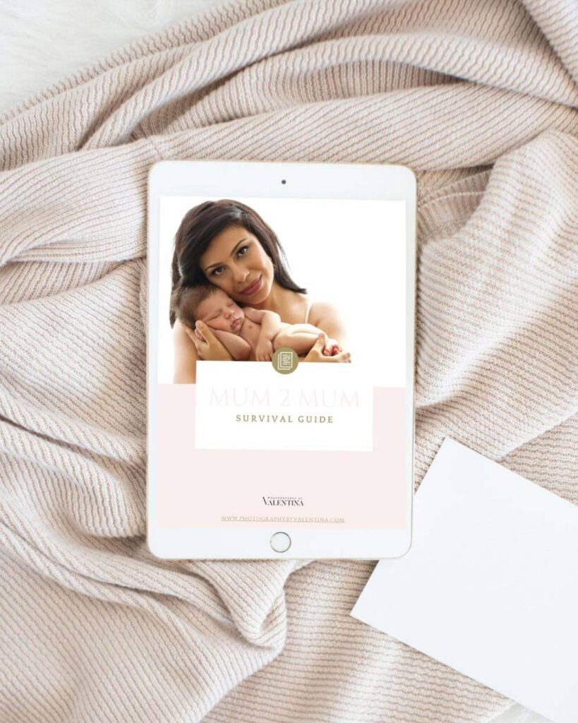 Mum2Mum Survival Guide displayed on an iPad, offering helpful tips and advice for new mothers during their postpartum recovery journey.