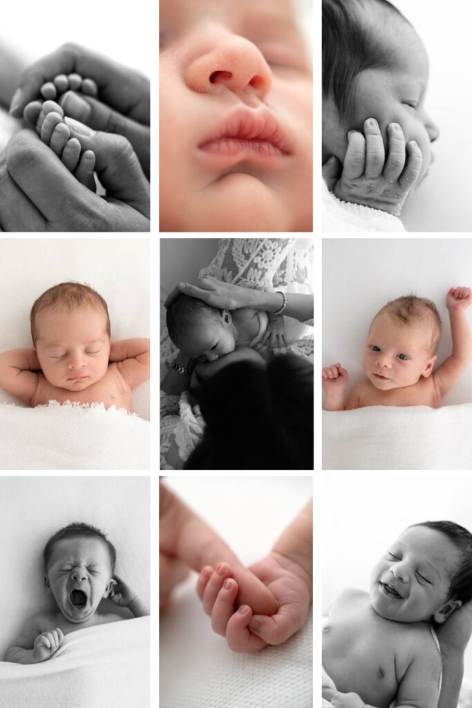 newborn photography: collage of 9 images including baby details 