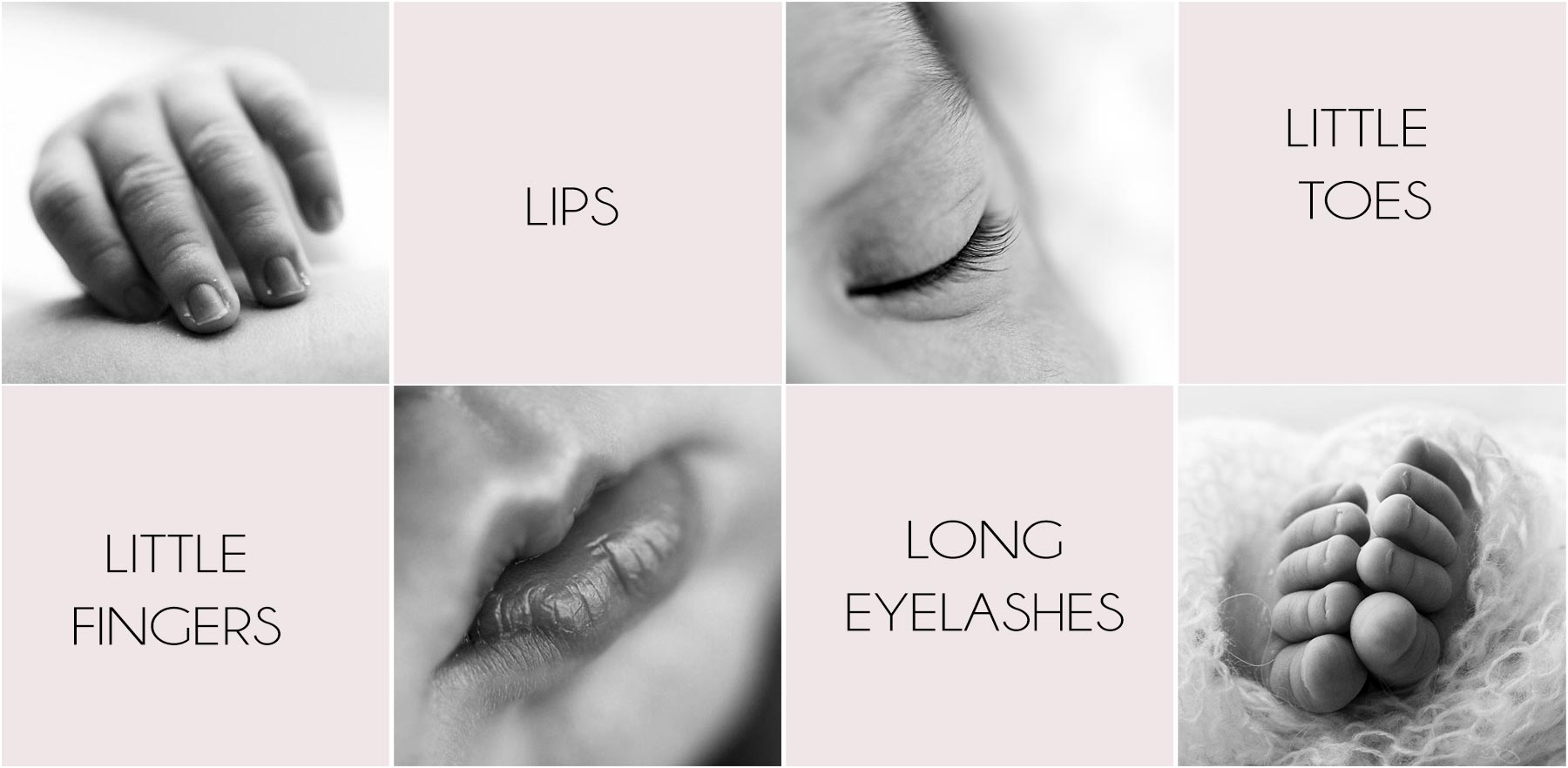 collage of newborn details: fingers, toes, lashes, mouth