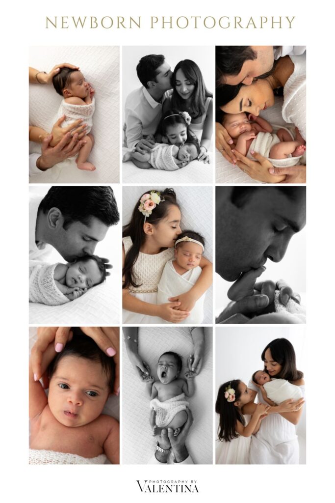 Collage of nine newborn and family portraits showing parent-baby connection, tenderness, and love – London newborn photography