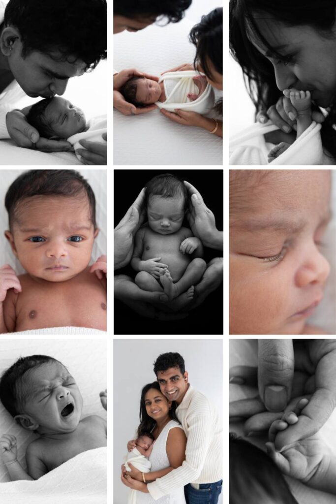 collage of 9 images taken from a newborn session in Richmond: from little baby details to photos with parents.