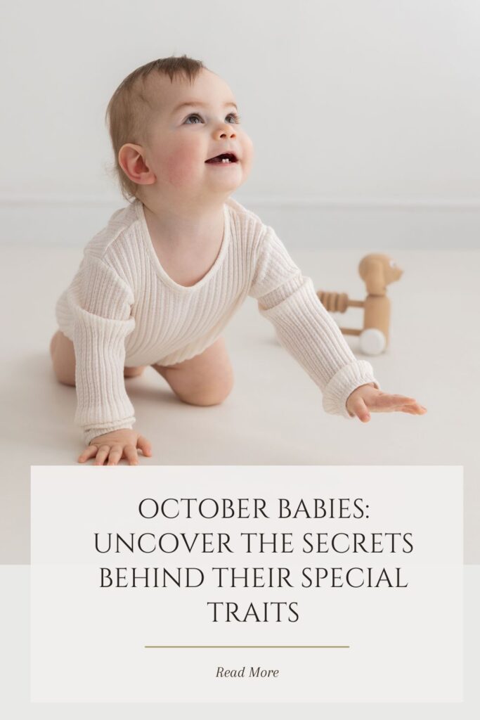 Blog title graphic: October babies. 12 months old boy crawling during his photoshoot 