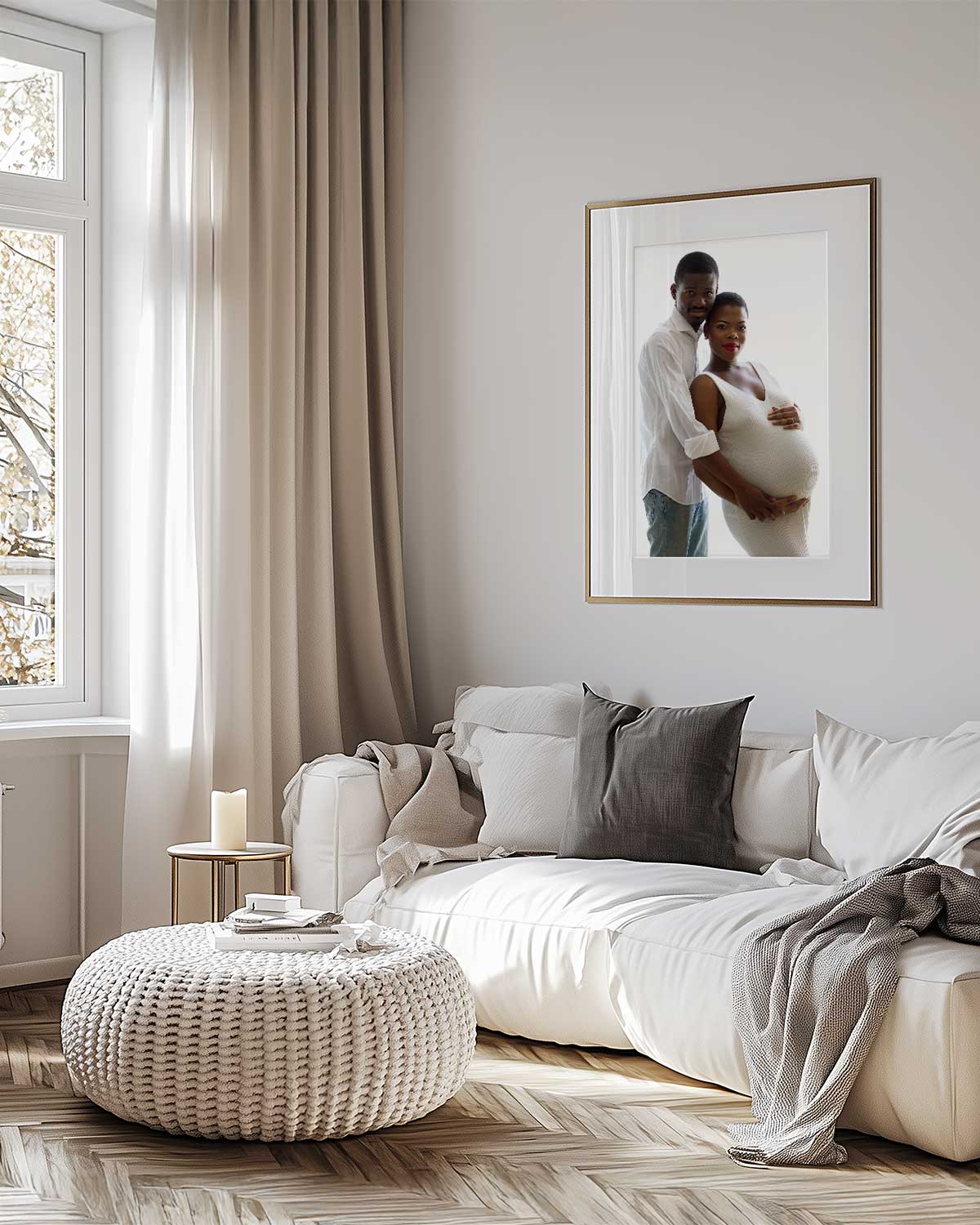 Elegant living room featuring framed maternity portrait of an expecting couple captured by Maternity and Newborn Photographer London, Photography by Valentina.