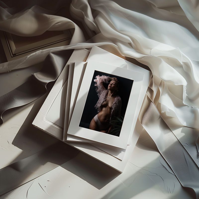 Matted fine art portrait of a confident woman over 40, styled in soft lighting and elegant textures, ready to be proudly displayed as part of an empowering photography experience.