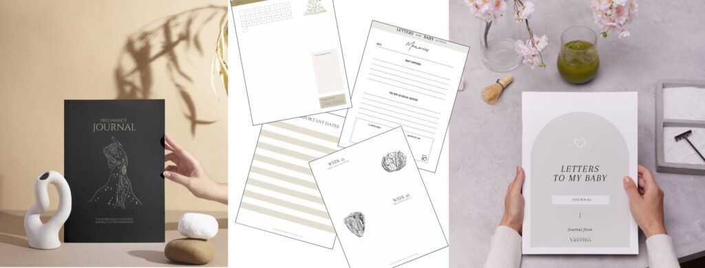 Visual of two printable journals for expectant mums: the elegant black Pregnancy Journal and the soft-toned “Letters to My Baby” keepsake. Pages include weekly prompts, reflections, and memory sections designed to support a mindful and emotional pregnancy journey.