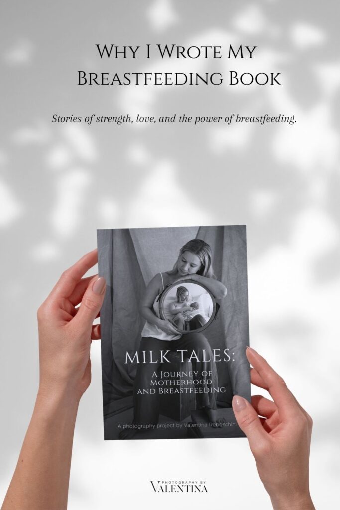 Cover of the breastfeeding book 'Milk Tales: A Journey of Motherhood and Breastfeeding' held by two hands, with soft light and shadows in the background – photography book by Valentina Rebeschini.