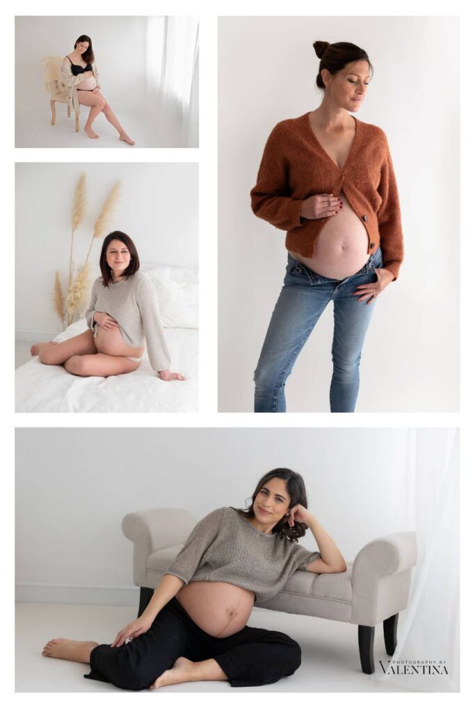 Cosy cardigan outfit to wear for maternity photos with exposed belly