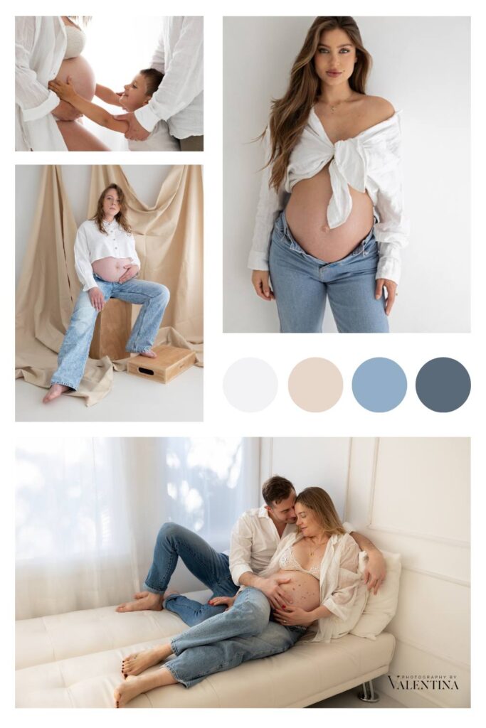 Maternity photoshoot outfit ideas - collection of white shirt paired with jeans for maternity photoshoot 