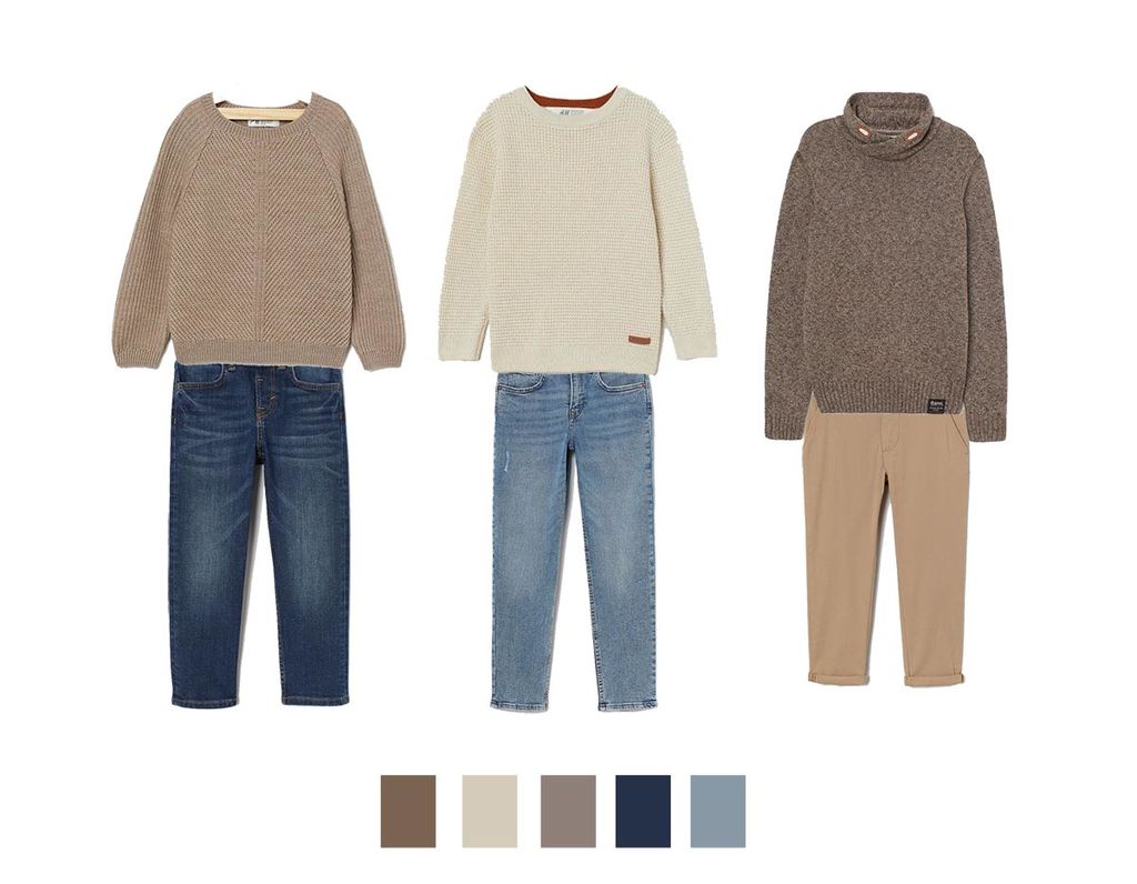 Flat lay of three casual boys’ winter looks featuring sweaters, jeans, and beige trousers in warm earthy tones, with coordinating colour swatches below.
