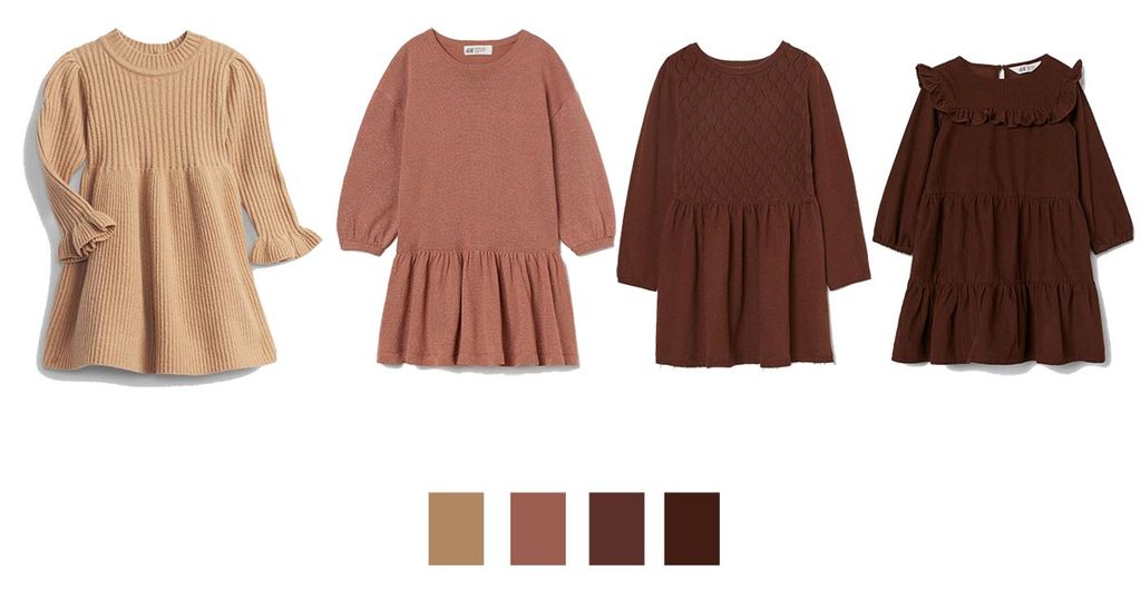 Flat lay of three autumnal-toned girl dresses in warm brown and terracotta shades, with matching colour swatches beneath.