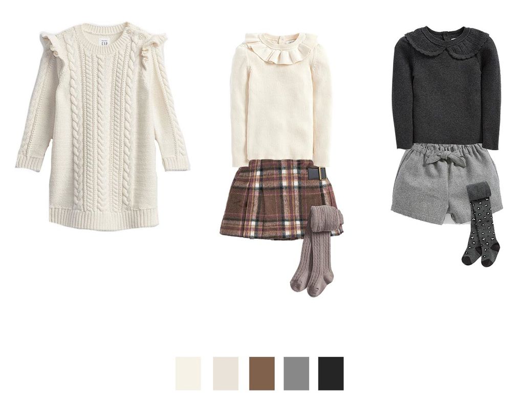Flat lay of four winter girl outfits including cable-knit jumpers, plaid skirts, and charcoal pieces, with a palette of beige, grey, and black.