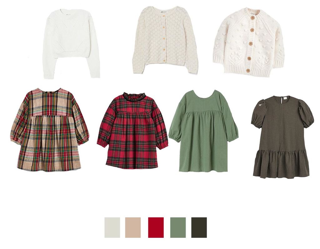Flat lay of six children's winter outfits in neutral, red, and green tones with plaid and knit textures, plus colour swatches below.