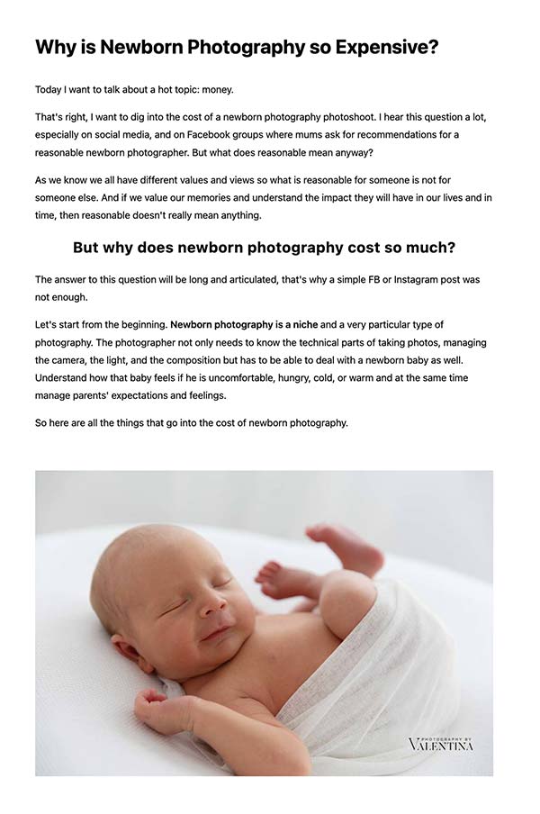 screenshot of a blog post titled: why is newborn photography so expensive?