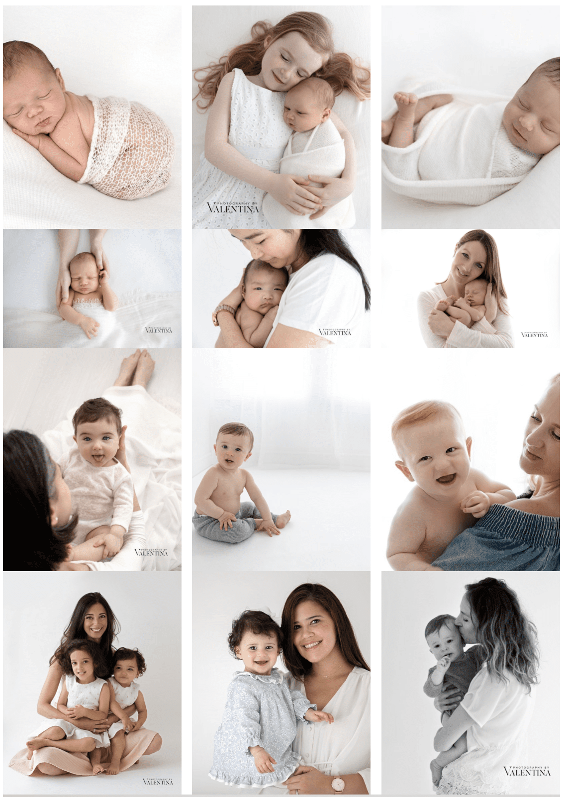 Collage of maternity, baby, and family portraits in minimalist white studio style