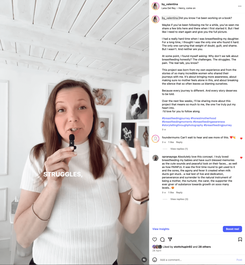 Instagram reel screenshot showing photographer Valentina in her studio talking about the struggles of breastfeeding and how we should talk more about it