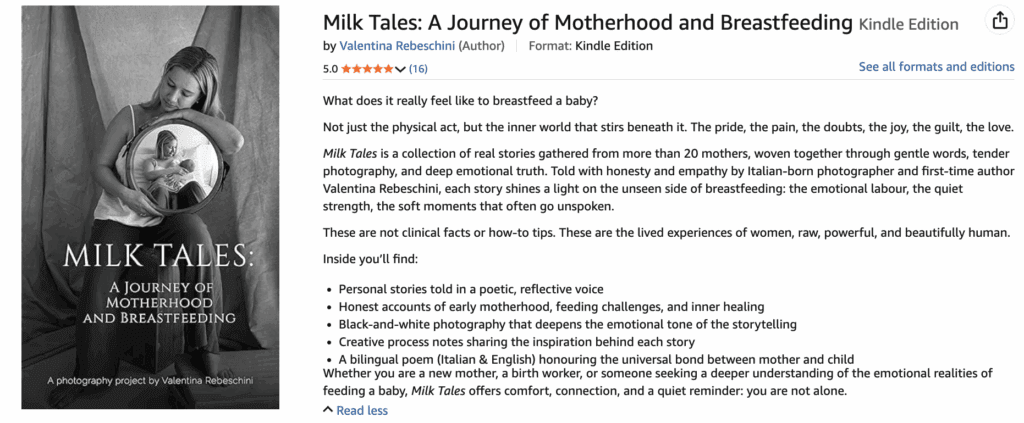 Milk Tales book on Amazon – A Journey of Motherhood and Breastfeeding by Valentina Rebeschini, featuring emotional stories and photography about breastfeeding and maternal mental health